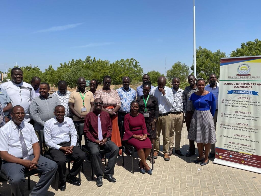 Seated second from the right, Prof. George Chemining’wa, Principal of Turkana University College, and seated second from the left, FCS Jeremiah Karanja, MBS, CEO of the Institute of Certified Secretaries, alongside trainees after a training session