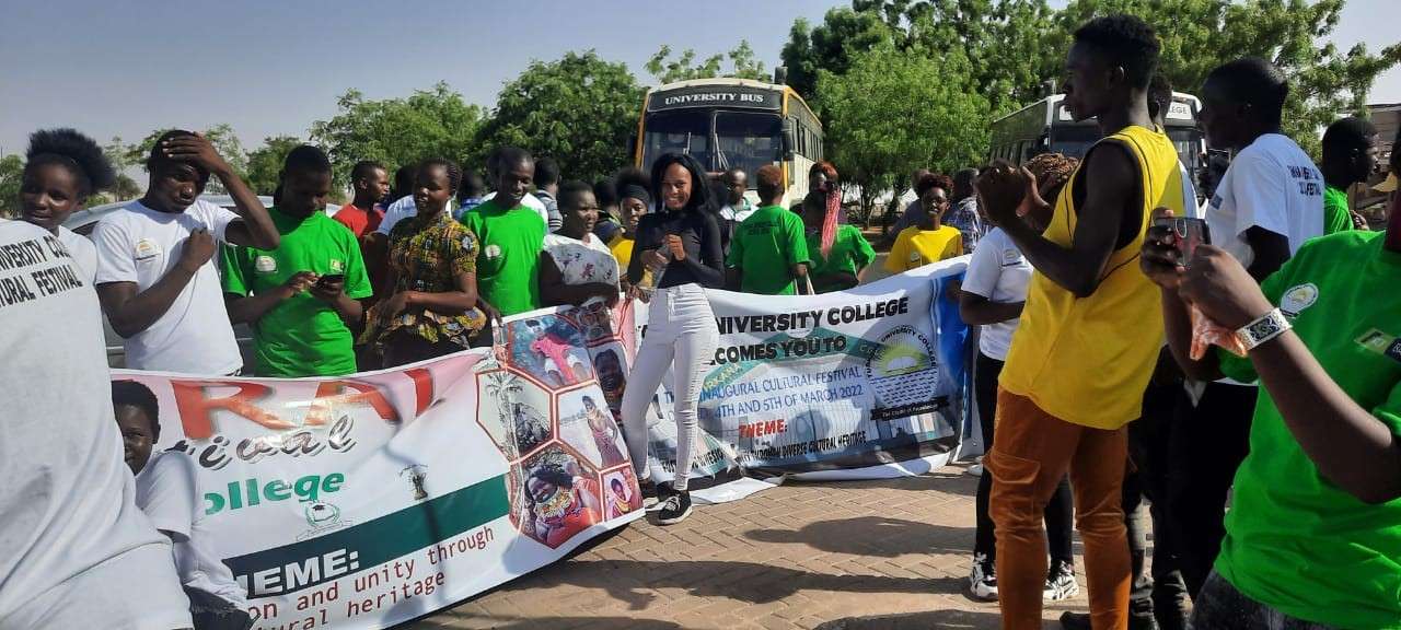 Students with banners at the cultural festival
