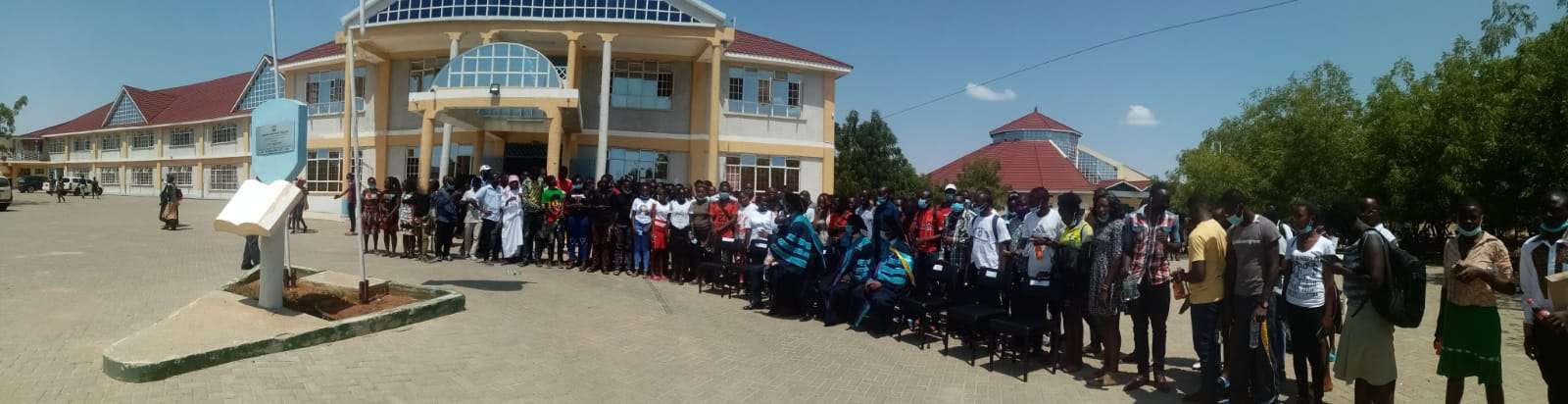 Students assembled outside the main College building